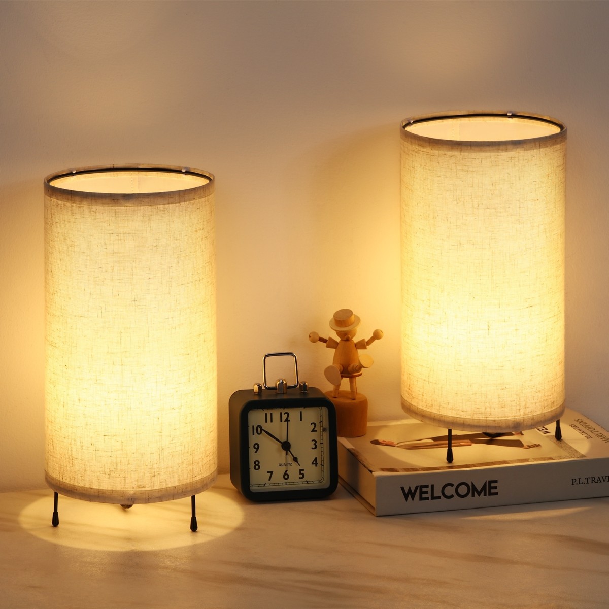 Set of  Small Bedside Table Lamps with Simple Metal Base - On