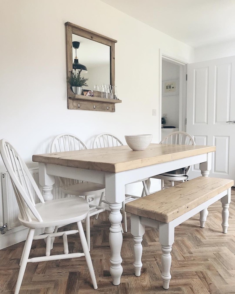 ft Farmhouse Dining Table Set. Rustic Table With Bench and  Chairs. Solid  Pine Wood Top  Seater Kitchen Table in White. Customisable
